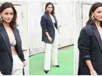 Alia Bhatt recently wowed in a luxe navy blazer and bralette look while promoting Jigra. 