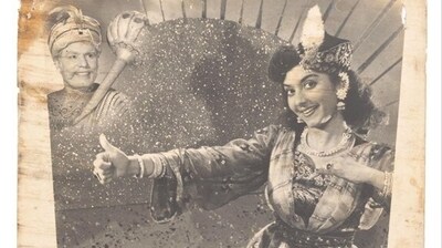Indar Sabha (1956), was based on one of the first complete Urdu plays of India written by Agha Hasan Amanat, and first staged in 1853. It was directed by Nanubhai B. Vakil and narrates the story of an apsara (celestial dancer) sent to test the moral fiber of a benevolent king.Indar Sabha (1956), Lobby Card, POP.12660, Gift from Richa and Jamshed Chinoy MAP Bengaluru Indar Sabha (1956), was based on one of the first complete Urdu plays of India written by Agha Hasan Amanat, and first staged in 1853. It was directed by Nanubhai B. Vakil and narrates the story of an apsara (celestial dancer) sent to test the moral fiber of a benevolent king.Indar Sabha (1956), Lobby Card, POP.12660, Gift from Richa and Jamshed Chinoy MAP Bengaluru