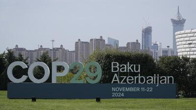 A sign for COP29, the United Nations Climate Change Conference, is on display in Baku, Azerbaijan. (AP) A sign for COP29, the United Nations Climate Change Conference, is on display in Baku, Azerbaijan. (AP)