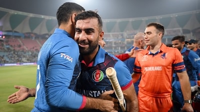Afghanistan's skipper Hashmatullah Shahidi being congratulated by team members and staff after winning the match against Netherlands in the ICC Men's Cricket World Cup 2023 (Afghanistan Cricket Board/X) Afghanistan's skipper Hashmatullah Shahidi being congratulated by team members and staff after winning the match against Netherlands in the ICC Men's Cricket World Cup 2023 (Afghanistan Cricket Board/X)