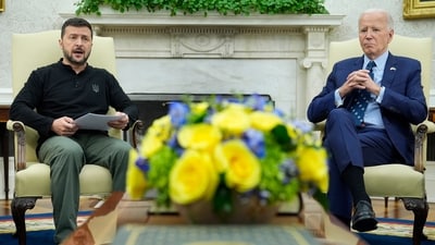 Ukraine's President Volodymyr Zelenskyy, left, speaks during his meeting with President Joe Biden, right, in the Oval Office of the White House in Washington, Thursday, Sept. 26, 2024. (AP Photo/Susan Walsh) (AP) Ukraine's President Volodymyr Zelenskyy, left, speaks during his meeting with President Joe Biden, right, in the Oval Office of the White House in Washington, Thursday, Sept. 26, 2024. (AP Photo/Susan Walsh) (AP)