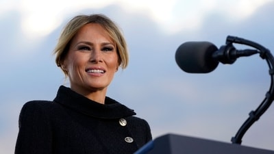 US First Lady Melania Trump speaks before boarding Air Force One at Joint Base Andrews in Maryland on January 20, 2021. While her husband is busy on the campaign trail in the final weeks of the presidential race, Melania Trump is involved in a different kind of campaign: promoting her forthcoming book. (AFP) US First Lady Melania Trump speaks before boarding Air Force One at Joint Base Andrews in Maryland on January 20, 2021. While her husband is busy on the campaign trail in the final weeks of the presidential race, Melania Trump is involved in a different kind of campaign: promoting her forthcoming book. (AFP)