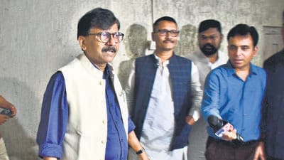 Mumbai, India – Sep 26, 2024: Shivsena (UBT) leader Sanjay Raut addressing media outside Saamana office, in Mumbai, India, on Thursday, Sept 26, 2024. (Photo by Bhushan Koyande/HT Photo)