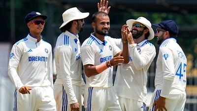 Akash Deep celebrates with teammates after taking the wicket of Bangladesh's Zakir Hasan (PTI) Akash Deep celebrates with teammates after taking the wicket of Bangladesh's Zakir Hasan (PTI)