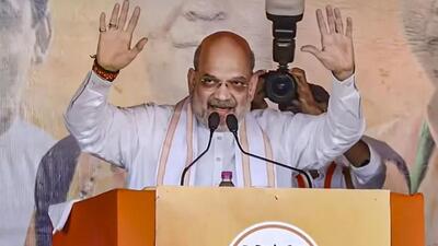 Union home minister Amit Shah speaking at a BJP rally while campaigning for the final phase of the Jammu and Kashmir assembly elections in Udhampur district on Thursday. (PTI Photo)
