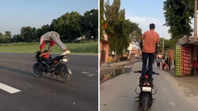 Niraj Yadav has shared over 600 videos of motorcycle stunts including one where is seen doing push ups while riding his bike. (Instagram/@niraj_yadav_2512) Niraj Yadav has shared over 600 videos of motorcycle stunts including one where is seen doing push ups while riding his bike. (Instagram/@niraj_yadav_2512)