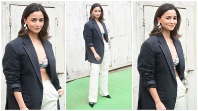 Alia Bhatt recently wowed in a luxe navy blazer and bralette look while promoting Jigra. (HT Photo/VarinderChawla) Alia Bhatt recently wowed in a luxe navy blazer and bralette look while promoting Jigra. (HT Photo/VarinderChawla)