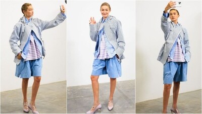 Gigi Hadid proves that jorts are the season's hottest IT accessory as she stuns at Paris Fashion Week. Rocking layered shirts with blue jorts and heels, she effortlessly sets bold new fashion trends. (Instagram) Gigi Hadid proves that jorts are the season's hottest IT accessory as she stuns at Paris Fashion Week. Rocking layered shirts with blue jorts and heels, she effortlessly sets bold new fashion trends. (Instagram)