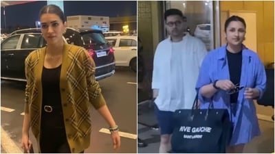 Kriti Sanon and Parineeti Chopra, with Raghav Chadha, at the airport. Kriti Sanon and Parineeti Chopra, with Raghav Chadha, at the airport.