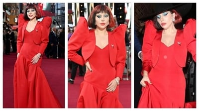 Lady Gaga stole the spotlight on the red carpet at the Joker: Folie A Deux premiere on Wednesday, channeling her on-screen character Harley Quinn. The actress and singer wowed in a dramatic red gown by Celine. (Instagram/@justjared) Lady Gaga stole the spotlight on the red carpet at the Joker: Folie A Deux premiere on Wednesday, channeling her on-screen character Harley Quinn. The actress and singer wowed in a dramatic red gown by Celine. (Instagram/@justjared)
