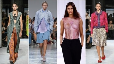 Models present collections at Paris Fashion Week. Models present collections at Paris Fashion Week.