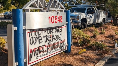 BAPS Mandir in Sacramento vandalised with anti-Hindu messages. BAPS Mandir in Sacramento vandalised with anti-Hindu messages.