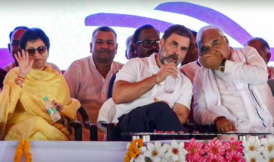 Rahul Gandhi with party leaders Bhupinder Singh Hooda and Kumari Selja during the rally at Assandh in Karnal district on Thursday. (PTI photo) Rahul Gandhi with party leaders Bhupinder Singh Hooda and Kumari Selja during the rally at Assandh in Karnal district on Thursday. (PTI photo)