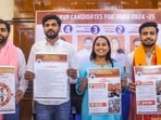 (L-R) ABVP candidates Rishabh Chaudhary for President, Bhanu Pratap Singh for Vice President, Mitravinda Karanwal for Secretary and Aman Kapasia for Joint- Secretary during the manifesto launch for the DUSU election, in New Delhi, Saturday.