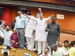 BJP councillors protest during a meeting for the election of the 18th member of the Municipal Corporation of Delhi (MCD) Standing Committee in New Delhi on Thursday. (Sanjeev Verma/HT photo)