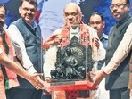 Union Home Minister Amit Shah, Maharashtra Deputy Chief Minister Devendra Fadnavis and state BJP chief Chandrashekhar Bawankule during Shah's 2-day visit to Nagpur ahead of Maharashtra Assembly elections. (ANI Photo) (Chandrakant Paddhane)