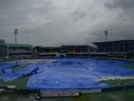 Covers on the ground as the Day 1 of the 2nd Test cricket match between India and Bangladesh was called off.