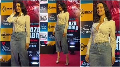 Shraddha Kapoor stuns in white shirt and denim skirt look at the Taaza Khabar 2 screening. (Instagram) Shraddha Kapoor stuns in white shirt and denim skirt look at the Taaza Khabar 2 screening. (Instagram)
