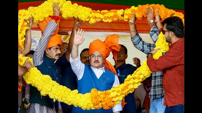 BJP president JP Nadda being garlanded at a public meeting ahead of Jammu and Kashmir Assembly polls, in Kathua, on Friday. (PTI) BJP president JP Nadda being garlanded at a public meeting ahead of Jammu and Kashmir Assembly polls, in Kathua, on Friday. (PTI)