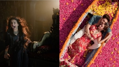 Vidya Balan, Kartik Aaryan and Triptii Dimri in stills from Bhool Bhulaiyaa 3 teaser. Vidya Balan, Kartik Aaryan and Triptii Dimri in stills from Bhool Bhulaiyaa 3 teaser.
