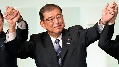 Shigeru Ishiba celebrates after his election as the new head of Japan's ruling Liberal Democratic Party on Friday (AP Photo/Hiro Komae, Pool) (AP) Shigeru Ishiba celebrates after his election as the new head of Japan's ruling Liberal Democratic Party on Friday (AP Photo/Hiro Komae, Pool) (AP)