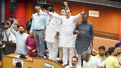 BJP councillors protest during a meeting for the election of the 18th member of the Municipal Corporation of Delhi (MCD) Standing Committee in New Delhi on Thursday. (Sanjeev Verma/HT photo) BJP councillors protest during a meeting for the election of the 18th member of the Municipal Corporation of Delhi (MCD) Standing Committee in New Delhi on Thursday. (Sanjeev Verma/HT photo)