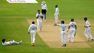 Indian bowler Ravichandran Ashwin celebrates the wicket of Bangladesh captain Najmul Hossain Shanto. (PTI)