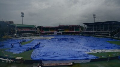 Covers on the ground as the Day 1 of the 2nd Test cricket match between India and Bangladesh was called off. (PTI) Covers on the ground as the Day 1 of the 2nd Test cricket match between India and Bangladesh was called off. (PTI)