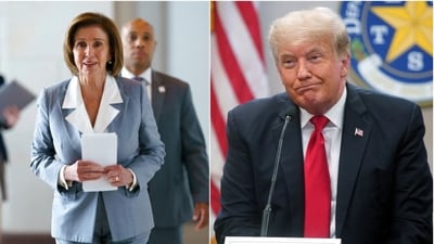 Donald Trump on Saturday hit out at former House Speaker Nancy Pelosi while addressing a first rally in Grand Rapids, Michigan. (AP) Donald Trump on Saturday hit out at former House Speaker Nancy Pelosi while addressing a first rally in Grand Rapids, Michigan. (AP)