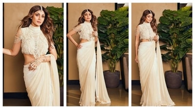 The outfit's statement piece was the heavily embellished pearl blouse. (Instagram/@theshilpashetty) The outfit's statement piece was the heavily embellished pearl blouse. (Instagram/@theshilpashetty)