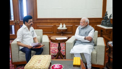 Tamil Nadu Chief Minister MK Stalin meets Prime Minister Narendra Modi, in New Delhi on Friday. (ANI PHOTO) Tamil Nadu Chief Minister MK Stalin meets Prime Minister Narendra Modi, in New Delhi on Friday. (ANI PHOTO)