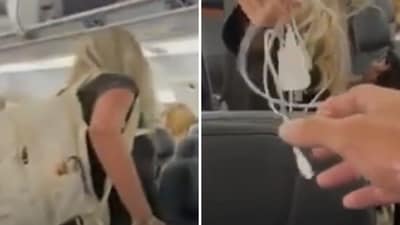 The woman who took an iPhone charger from a fellow passenger on a flight says she could have shown a “little more patience." (Screengrab)