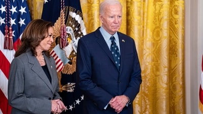 US Vice President Kamala Harris, left, and President Joe Biden during an address on gun violence in the East Room of the White House in Washington, DC, US, on Thursday, Sept. 26, 2024. (Bloomberg) US Vice President Kamala Harris, left, and President Joe Biden during an address on gun violence in the East Room of the White House in Washington, DC, US, on Thursday, Sept. 26, 2024. (Bloomberg)