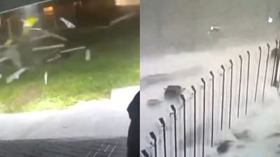 (Left): Flying debris breaks loose in surveillance footage from Cape Coral, Florida. (Right): A wobbling camera shows an unsettling view near the Howard Frankland Bridge. (AccuWeather / Florida Highway Patrol Tampa)