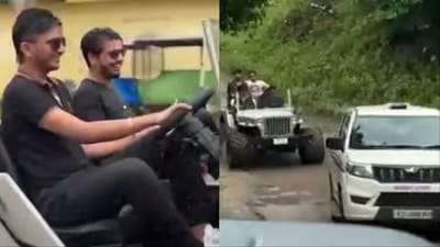 The viral video shows four people driving through Jaipur in an open jeep. The viral video shows four people driving through Jaipur in an open jeep.