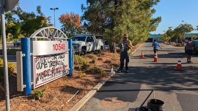 On September 24, the BAPS temple was desecrated with the slogan “Hindus go back!” (Hindu American Foundation/X) On September 24, the BAPS temple was desecrated with the slogan “Hindus go back!” (Hindu American Foundation/X)