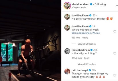 David Beckham's son Romeo drops cheeky comment on his father's swoonworthy workout video (Photo by Instagram/davidbeckham) David Beckham's son Romeo drops cheeky comment on his father's swoonworthy workout video (Photo by Instagram/davidbeckham)