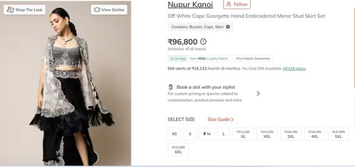 Madhuri Dixit's outfit is from the brand Nupur Kanoi and costs ₹96,800. (www.azafashions.com) Madhuri Dixit's outfit is from the brand Nupur Kanoi and costs ₹96,800. (www.azafashions.com)