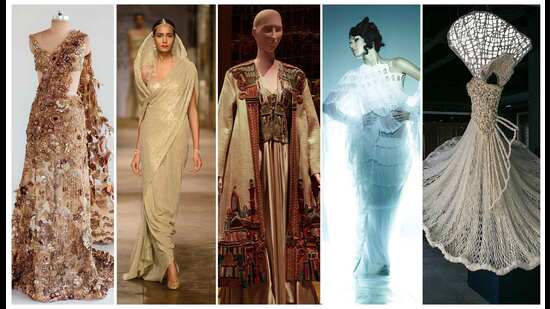 (Left to right) Designs from the archives of Rahul Mishra, Tarun Tahiliani, Abu Jani and Sandeep Khosla, the late Wendell Rodricks and Payal Jain.