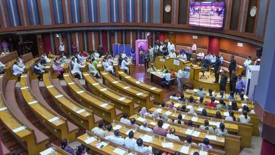 Councillors during the MCD's standing committee member election, being held in the presence of Additional Commissioner Jitendra Yadav, (PTI Photo/Kamal Singh) (PTI)