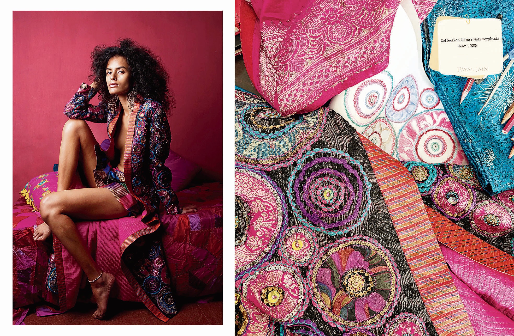 A coat from the 2006 collection Metamorphosis.Swatches, sketches and prints for a 2011 Madhubani dress. (Vicky, Payal Jain and Prabuddha Dasgupta)