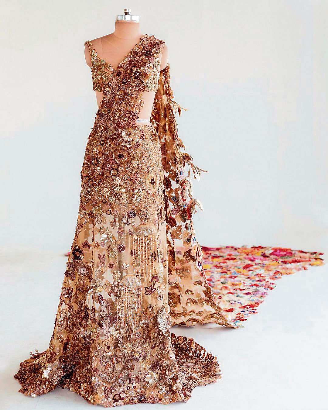 The Rahul Mishra dress worn by industrialist Isha Ambani to the 2024 MET Gala. It featured repurposed and re-created embroidered flowers drawn from his archive. (Ritik Jain, Rahul Mishra)