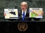 Israel Prime Minister Benjamin Netanyahu addresses the UNGA with maps labelling his allies as a blessing and Iran as a curse. (AP Photo/Richard Drew) Israel Prime Minister Benjamin Netanyahu addresses the UNGA with maps labelling his allies as a blessing and Iran as a curse. (AP Photo/Richard Drew)