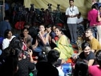 Kolkata: Junior doctors continue their 'dharna' against the RG Kar Hospital rape and murder incident near Swasthya Bhawan in Kolkata on Tuesday. (PTI)