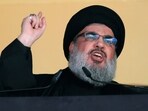Hezbollah leader Sheik Hassan Nasrallah addresses a crowd during the holy day of Ashoura, in a southern suburb of Beirut, Lebanon. (AP file)