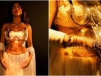 Bhumi Pednekar poses in a snake breastplate saree. Bhumi Pednekar poses in a snake breastplate saree.