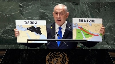 Israel Prime Minister Benjamin Netanyahu addresses the UNGA with maps labelling his allies as a blessing and Iran as a curse. (AP Photo/Richard Drew) (AP) Israel Prime Minister Benjamin Netanyahu addresses the UNGA with maps labelling his allies as a blessing and Iran as a curse. (AP Photo/Richard Drew) (AP)
