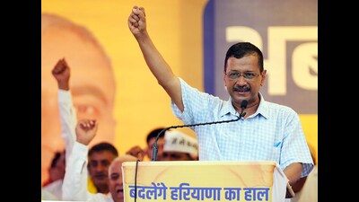 Aam Aadmi Party (AAP) natiobnal convener Arvind Kejriwal during a public meeting at Kalayat in Kaithal on Saturday. (AAP-X)