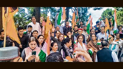 Devbhoomi Sangharsh Samiti members protest in Shimla on Saturday. (ANI) Devbhoomi Sangharsh Samiti members protest in Shimla on Saturday. (ANI)