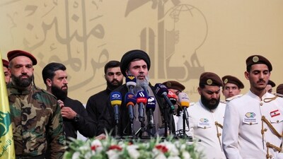 Senior Hezbollah official Hashem Safieddine speaks during the funeral of Mohammed Nasser, a senior Hezbollah commander who was killed by what security sources say was an Israel strike on Wednesday, in Beirut's southern suburbs, Lebanon July 4, 2024. (REUTERS)
